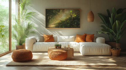 A cozy living room with a white sectional sofa, large windows, and a  boho vibe.