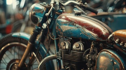 Vintage motorcycle restoration with intricate designs, nostalgic and stylish, Urban, Soft tones, Photograph, Automotive heritage