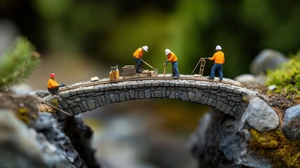 Miniature construction workers building a stone bridge in a natural setting.