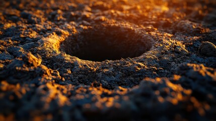 Hole in ground isolated. Deep earth nature land surface texture, dig, pit, burrow, soil