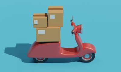A red scooter loaded with boxes for delivery against a blue background. 3d rendering 