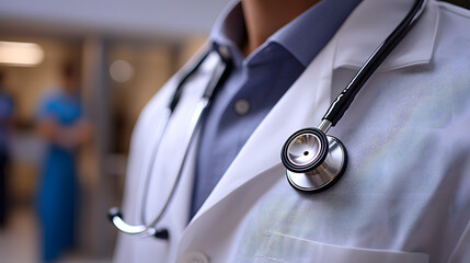 Doctor in a white coat with a stethoscope in a hospital setting during a medical check-up. Medicine and health concept