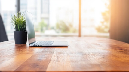 A laptop sits on a wooden desk with a plant in the foreground.
