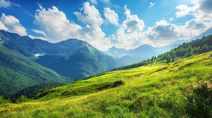Fototapeta premium A lush green hillside, blanketed by sprawling green grass beneath a bright blue sky, dotted with fluffy white clouds and a handful of scattered, scattered, scattered, scattered,