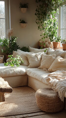 Cozy living room with a large sectional sofa, a woven ottoman, and lots of greenery.