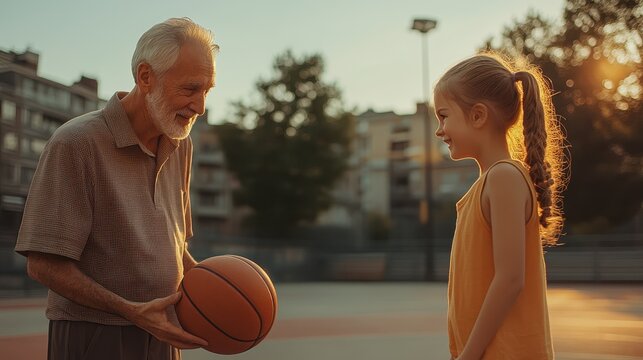 Grandfather teaching granddaughter to play basketball on outdoor court