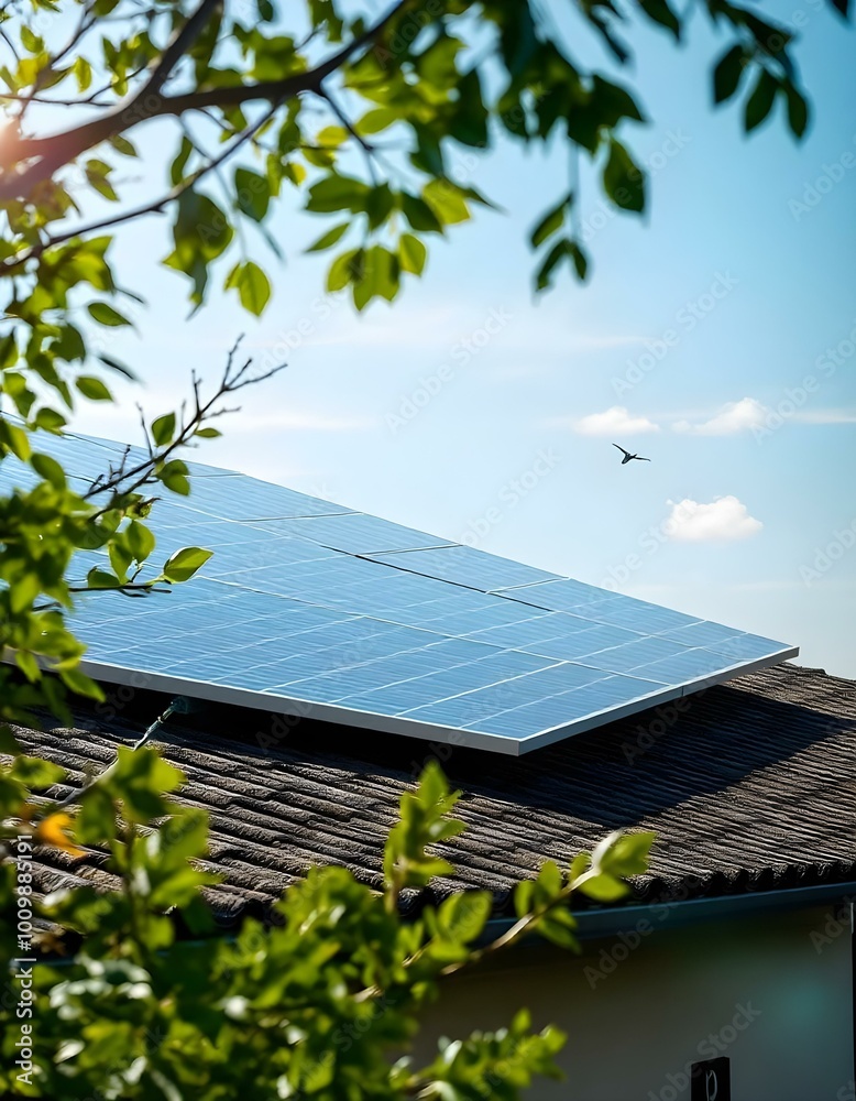 Wall mural solar panels installed on a roof, with a clear blue sky in the background