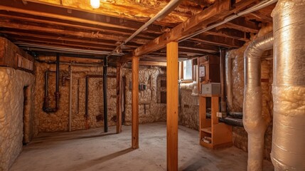The basement showcases a network of pipes covered in thick insulation, with wooden beams supporting the ceiling, well-lit by a bright overhead light