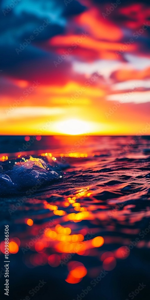 Poster The sun rises over the ocean, casting warm hues across the water. Waves gently roll in, creating bubbles that sparkle in the early light while clouds streak the sky in vibrant colors. Generative AI