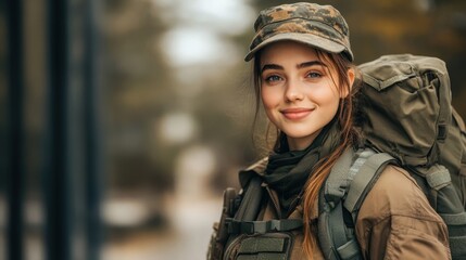 Fototapeta premium Cheerful female soldier returned home