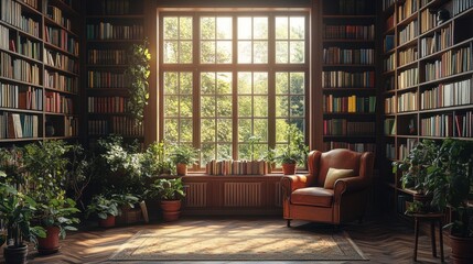 Generative AI illustration of old library with cozy armchair and book shelves with books arranged orderly in room with potted plants by window