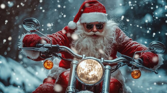 Expressive alternative Santa Claus riding motorcycle celebrating christmas