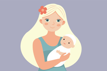 Beautiful young woman holding her cute newborn baby. Vector flat illustration