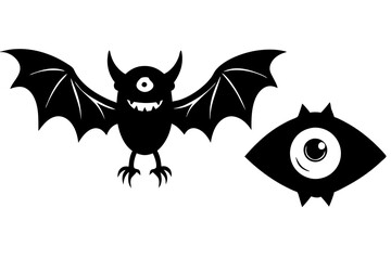 Cartoon flying evil monsters with bat wings and one human eye. Halloween vector elements, isolated scary icons on white background.