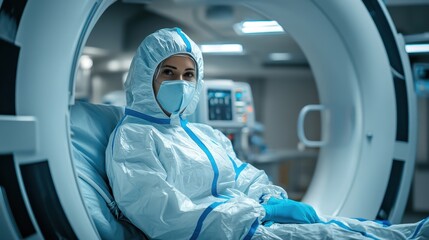 Female patient woman in protective suit lying on bed in modern X-ray machine ready for scanning her leg or knee for injuries and fractures. Modern medical equipment concept