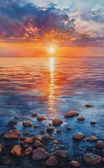 Obraz premium Watercolor sunset over the ocean, with rocks in the foreground, an orange and red sky