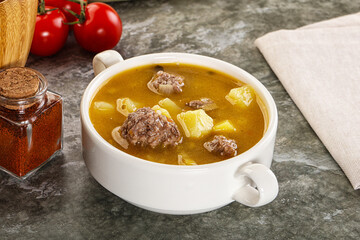 Soup with beef meatball and vegetables