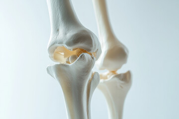 A translucent close-up of the knee joint in a human skeleton model, showcasing its complex structure in a sleek and minimalistic design, set on a crisp white background.