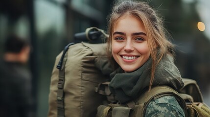 Cheerful female soldier returned home