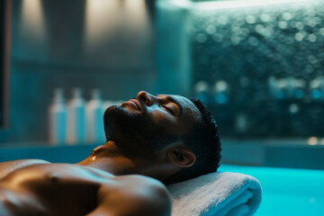 A man in his 30s experiencing a luxurious facial in a sleek spa, the minimalist decor featuring soothing colors and textures that promote a serene and calming environment.