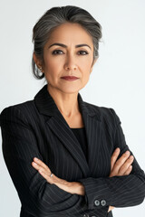 A confident senior Hispanic woman in formal attire, arms crossed and projecting confidence against a bold white background, highlighting her professional demeanor.