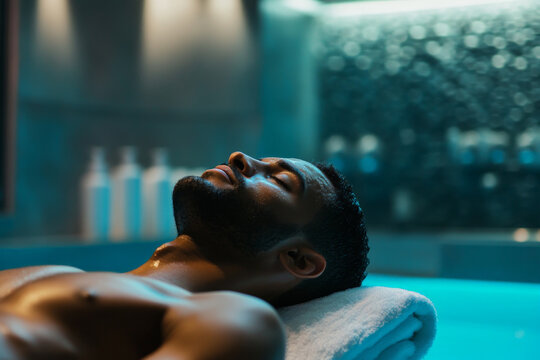 A man in his 30s experiencing a luxurious facial in a sleek spa, the minimalist decor featuring soothing colors and textures that promote a serene and calming environment.