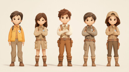 Five cartoon children dressed in explorer outfits stand in a row.