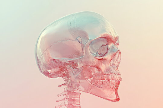 A detailed illustration of a human skull's anatomy in a translucent 3D model, focusing on the transparent bones and cavities with a minimalist approach, complemented by a calming pastel-colored