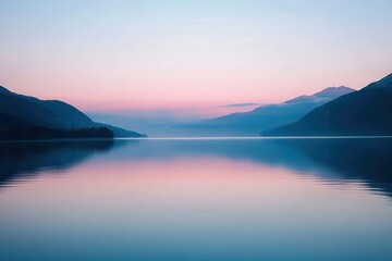 Fototapeta premium Serene lake at dawn with soft pastel colors reflecting on the water's surface.