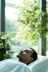A relaxed young man experiencing a soothing facial treatment in a minimalist spa, with natural light filtering through large windows, creating an inviting and serene environment.