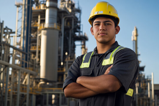 A proud young Hispanic power plant worker poses with arms crossed, the massive power plant looming behind him. His confident demeanor and safety gear reflect his dedication to ensuring efficient
