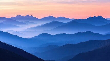 Serene mountain landscape at dawn with layers of mist and soft pastel colors.