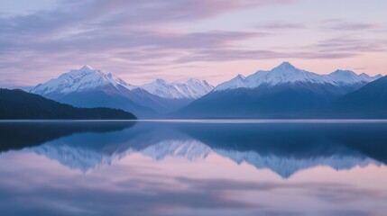 Serene mountain landscape reflecting in calm water at dawn.
