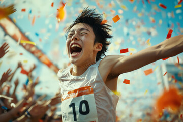 A young Japanese marathon runner sprinting across the finish line, visibly exhausted but ecstatic. The surrounding crowd cheers loudly, and confetti fills the air, celebrating their incredible