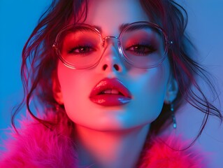 Obraz premium Close-up portrait of a young woman with dark hair wearing clear-framed glasses, glowing in colorful light.