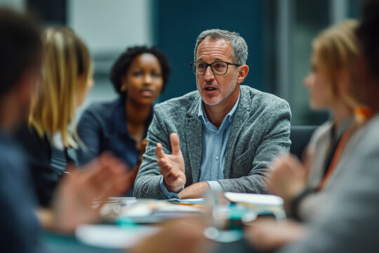 A senior Caucasian businessman leading a workshop discussion, surrounded by engaged professionals of various backgrounds. Their expressions reflect focus and commitment to collaborative growth.