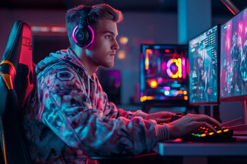 Obraz premium A young adult Caucasian man plays an intense e-sports game, dressed in fashionable gaming attire. The detailed setting showcases a modern gaming setup with multiple screens and neon lights,