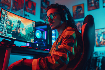 Fototapeta premium A young adult Brazilian man, in fashionable gaming attire, intensely focuses on his e-sports game. The high-detail background showcases an advanced gaming setup, complete with RGB lighting and posters