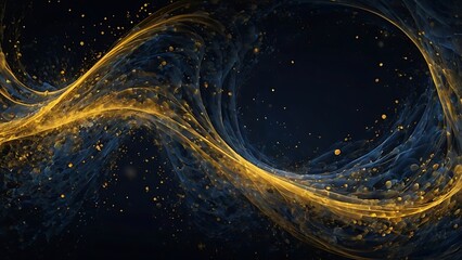 Abstract digital artwork textured illustration featuring a flowing, wave like pattern with smooth, curved lines consists of golden yellow and dark blue hues, creating a dynamic contrast against a blac