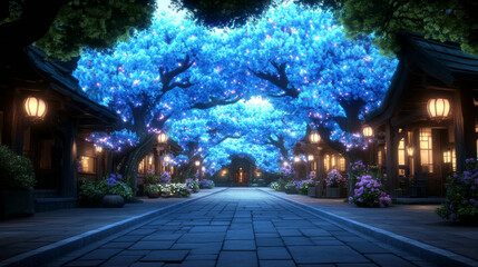 Obraz premium A magical, glowing street lined with enchanting blue trees.