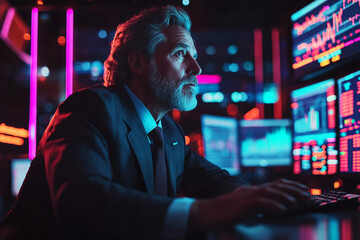 Obraz premium A middle-aged Brazilian stock trader, dressed in a stylish suit, confidently making trades while surrounded by the glow of screens and a neon-lit city backdrop, embodying the fast-paced world of