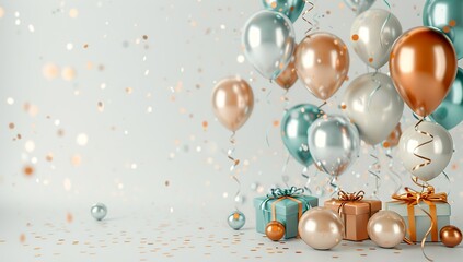 3D balloons and gifts on a white background, metallic colored balloons in...