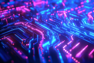 Obraz premium A futuristic blue background filled with luminous neon circuit boards and swirling abstract data flows, creating a dynamic tech landscape. The vibrant lights suggest a world where technology and