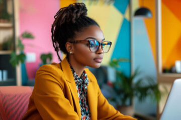 A young adult Black female lawyer on a video call, demonstrating her legal skills with confidence in a modern office filled with bright colors and contemporary design.