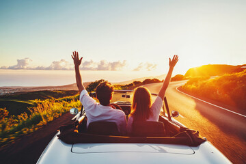 Obraz premium A cheerful young couple, hands raised in excitement, drives a stylish convertible with the top down, enjoying the warmth of the sun and the freedom of the open road during their summer vacation.