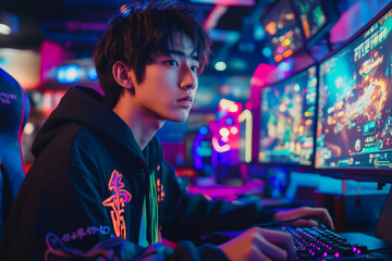 Obraz premium A young adult Japanese man in fashionable streetwear plays an e-sports game, with a serious expression. The detailed background showcases a modern gaming setup with multiple screens and vibrant