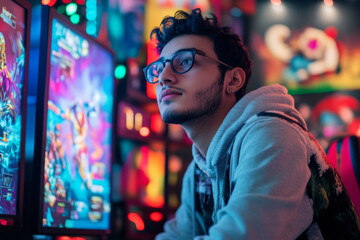Fototapeta premium A young adult Arabian man in fashionable gaming wear sits at a high-tech setup, engrossed in his e-sports game. The colorful background includes posters of popular games and LED lighting, creating a