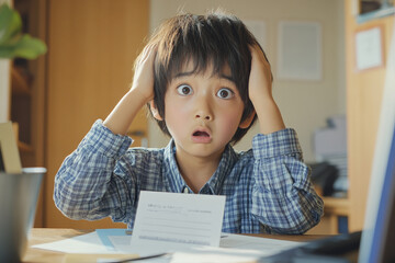 Naklejka premium A worried school-age Japanese boy in a smart shirt, holding his head in shock with wide eyes, staring at a disappointing report card in his room.