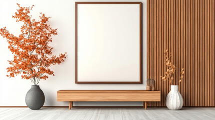 A minimalist interior design with a large framed picture and wooden furniture.