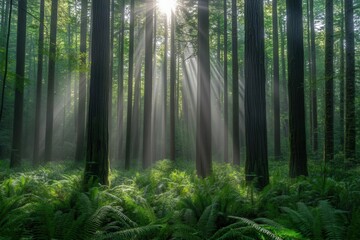 Sunlight filters through tall trees in a lush green forest, creating a serene atmosphere.